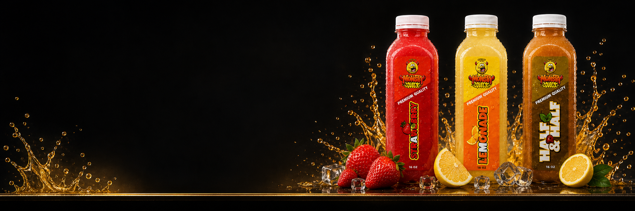 Monsta Squeeze Strawberry, Lemonade, and Half & Half bottles